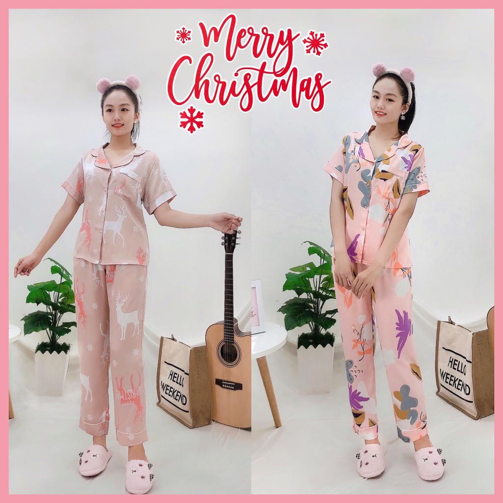 Bộ lụa Pijama NHIHOUSE71 Bộ Quần Dài Tay Ngăn Lụa Satin In Chú Tuần Lộc Noel Dễ Thương