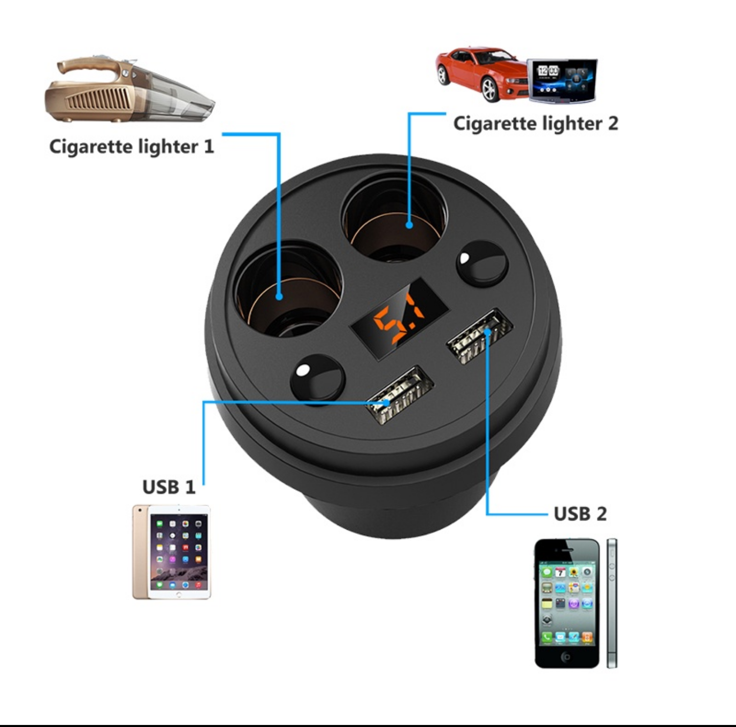 1 CHIA 2 ĐẦU TẨU 2 CỔNG SẠC USB BÁO ĐIỆN ÁP 12V-24V TRÊN XE HƠI ÔTÔ MẪU MỚI HÀNG CAO CẤP