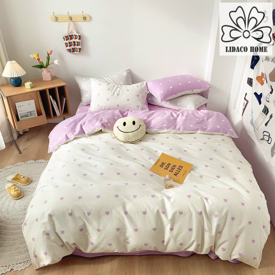 Bộ chăn ga gối 2 mặt cotton LIDACO PL1 - Tim tím trắng SP001451
