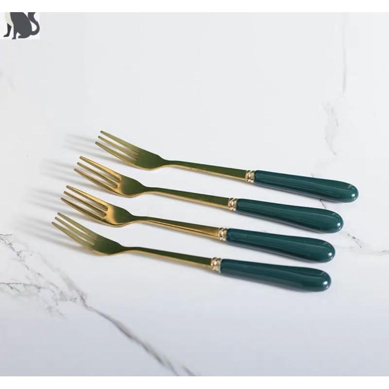 rĩa sứ ,thìa cà phê vàng cán xanh cổ vịt mẫu mới cao cấp - Xanh