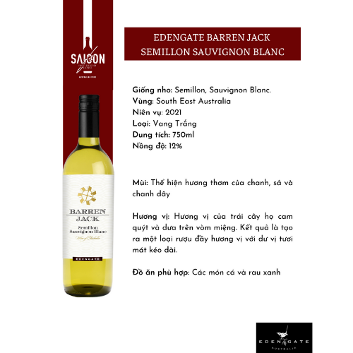 Rượu Vang Trắng  Edengate Barren Jack Semillon Sauvignon Blanc 750ml  12% Acl