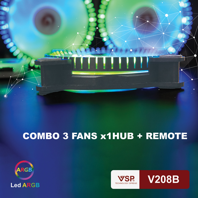 Bộ 3 Fan VSP V208B LED RGB tặng Hub và remote - Hàng chính hãng