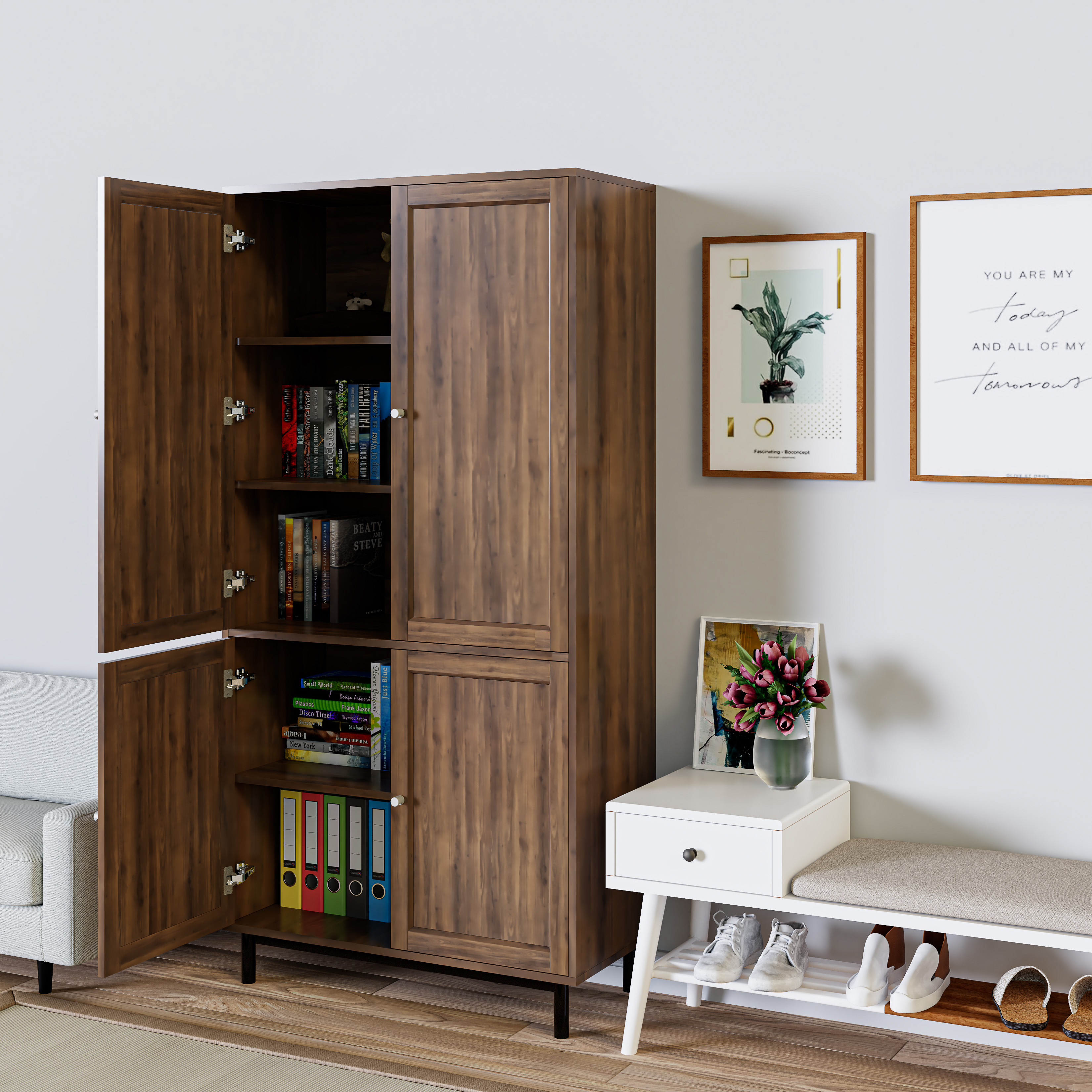 CATY, Kệ sách 5 tầng 2 cửa mở - chân sắt, 90cm x 39cm x 180cm , KSA_055