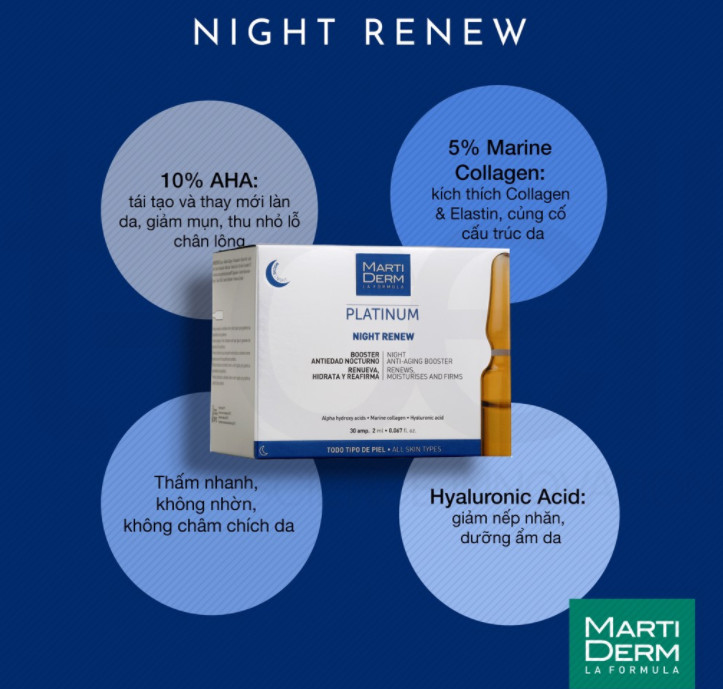 Set tinh chất lão hóa và tái tạo da ban đêm MartiDerm Platinum Night Renew Ampoule 2ml