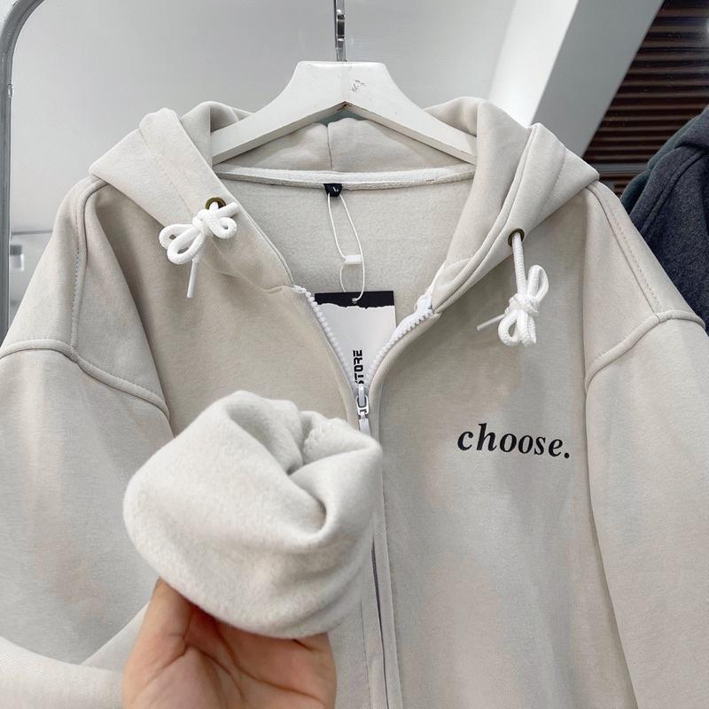 Áo khoác hoodie zip Choose màu xám kem có nón vải nỉ bông form rộng unisex nam nữ - SSSTore
