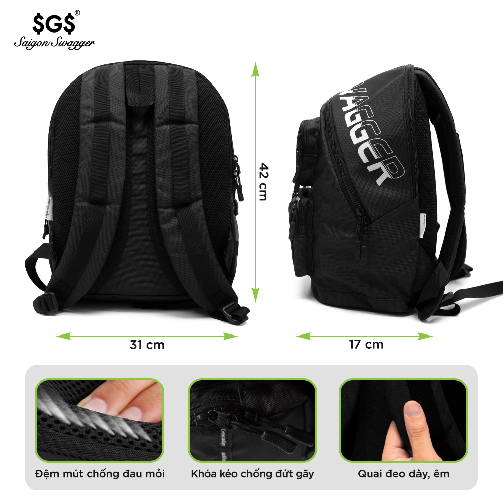 Balo Oval Backpack Saigon Swagger SGS - Balo Laptop Thời trang thiết kế phản quang, Chất liệu Polyester tráng PU cao cấp, trượt nước chống thấm nước, Ngăn chống sốc riêng biệt, Nhiều ngăn, Balo Học sinh