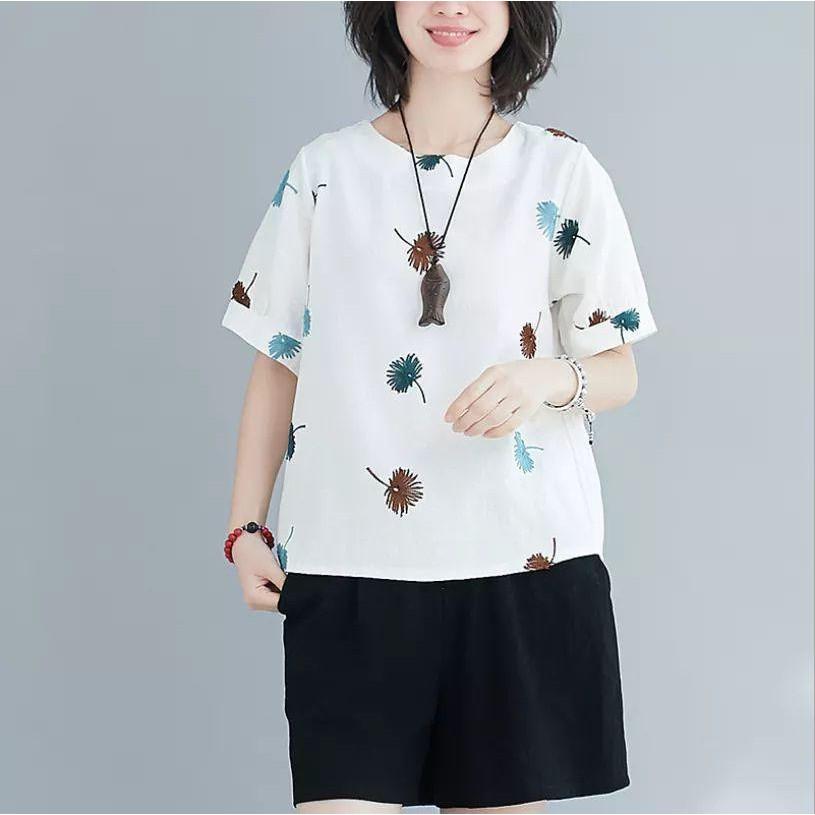 Set bộ thời trang kiều nữ quần đùi kết hợp áo cổ tròn tay ngắn thiêu hoa size 45-67kg