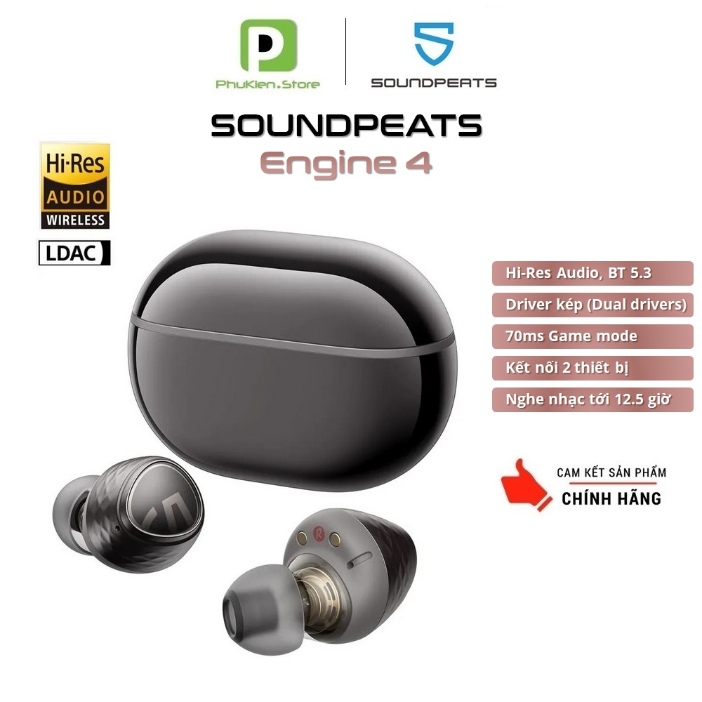 Tai Nghe Bluetooth 5.3 Chính Hãng Soundpeats Engine 4 Pro ️ Dual Drivers ️ pin 12.5h ️ Hỗ trợ app ( bản nâng cấp TrueEngine 3SE )- Hàng nhập khẩu chính hãng