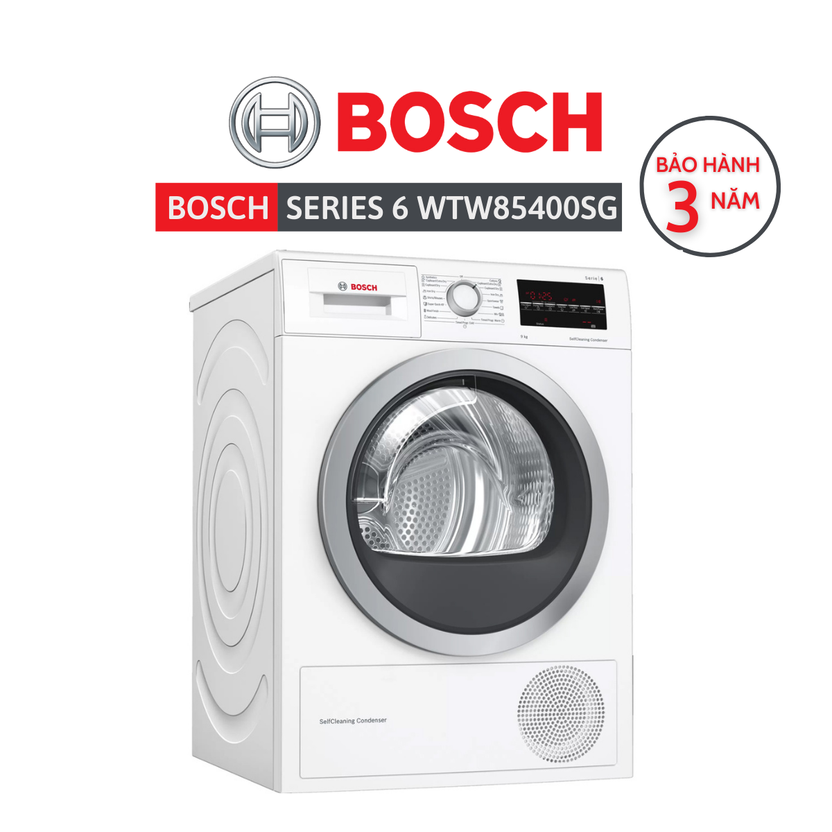 Máy sấy Bosch tụ hơi và bơm nhiệt 9kg - WTW85400SG Series 6, sx tại Balan - Hàng chính hãng