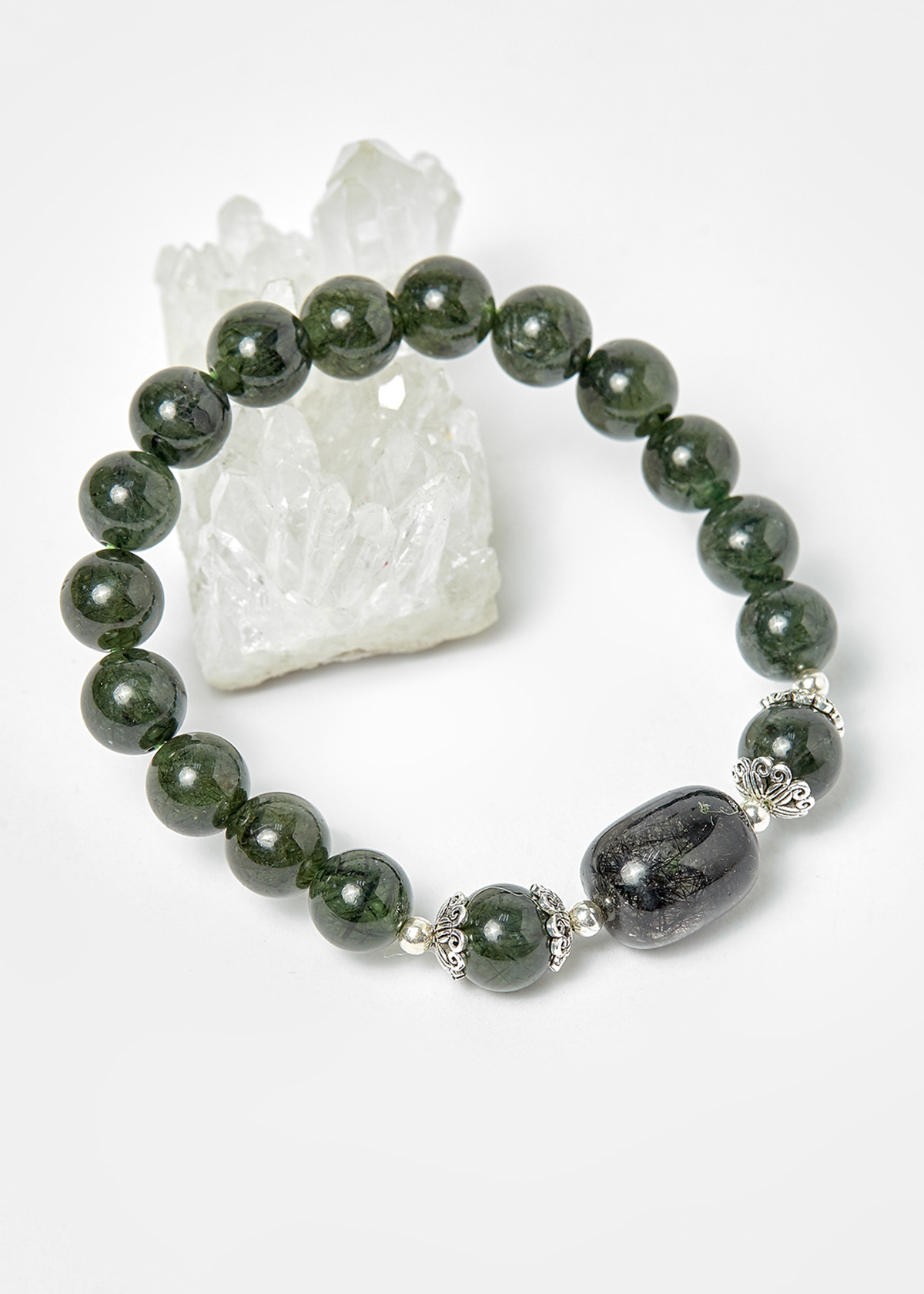 Vòng thạch anh tóc xanh phối charm bạc hạt 8mm mệnh hỏa, mộc - Ngọc Quý Gemstones