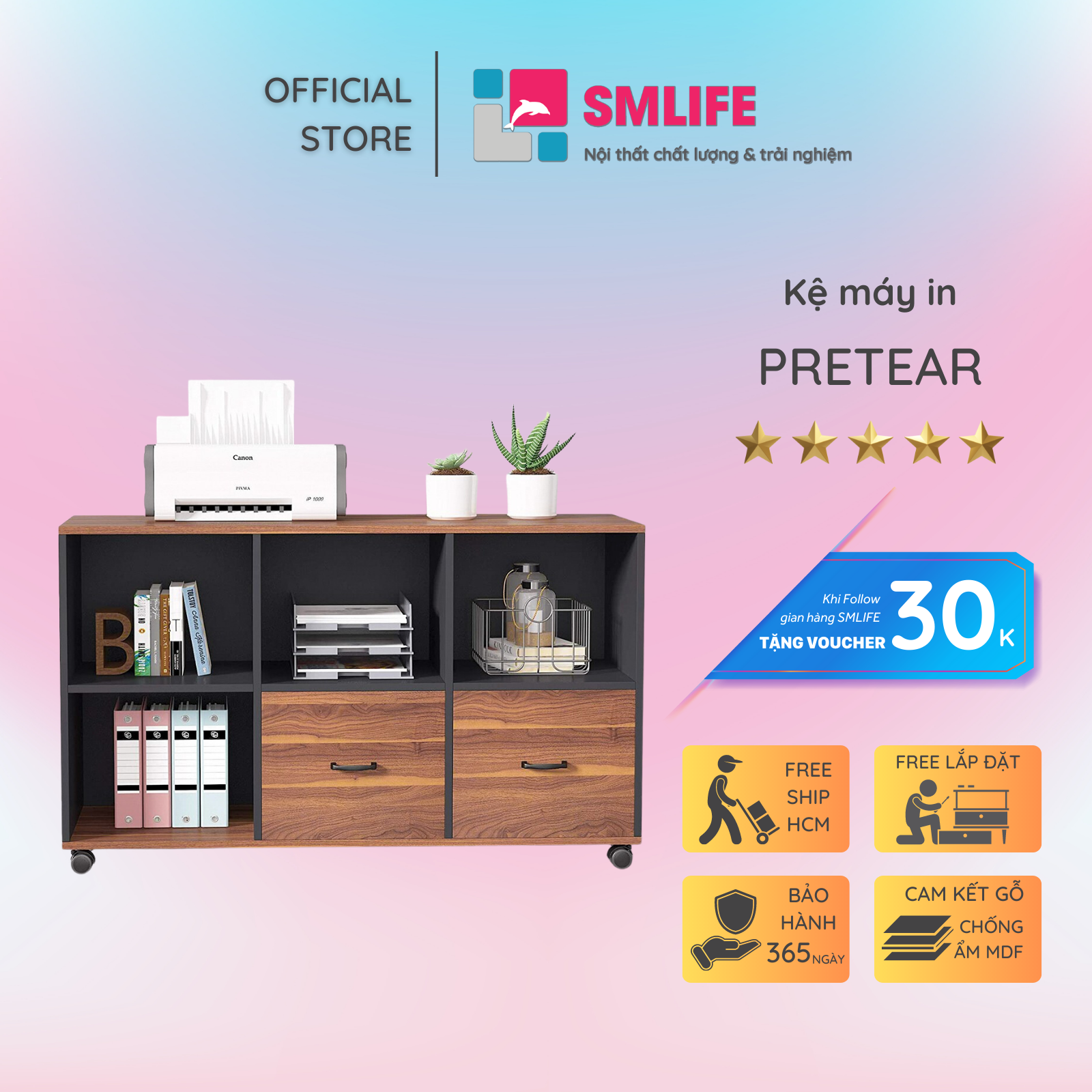 Kệ để máy in gỗ hiện đại SMLIFE Pretear | Gỗ MDF dày 17mm chống ẩm | D100xR40xC66cm