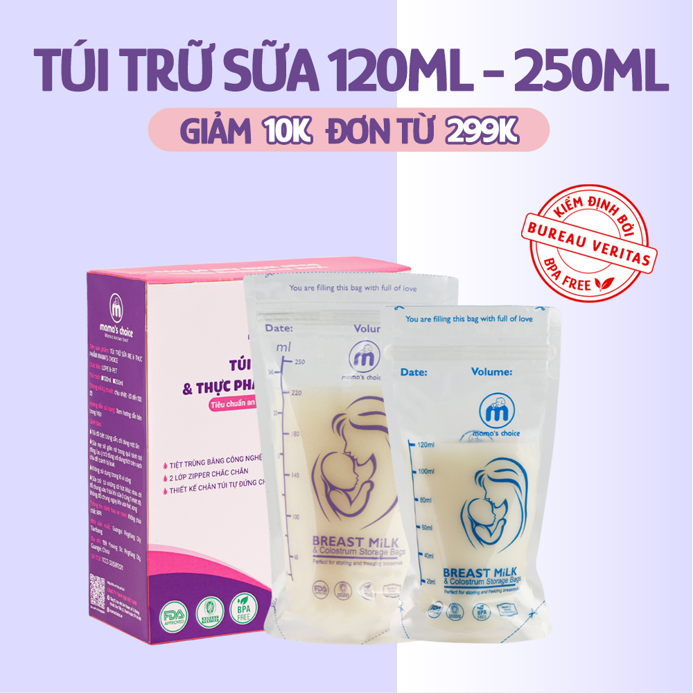 Túi Trữ Sữa Mama's Choice, Túi Đựng Sữa Mẹ Loại 250ml và 120ml, Kiểm Định An Toàn Bởi Bureau Veritas, Hộp 30 Túi