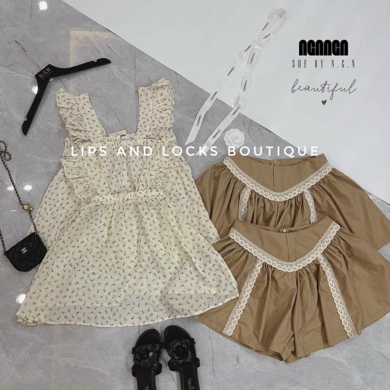 Set Áo Babydoll Hoa 2 Dây Kèm Short Nâu - Kèm Hình Thật