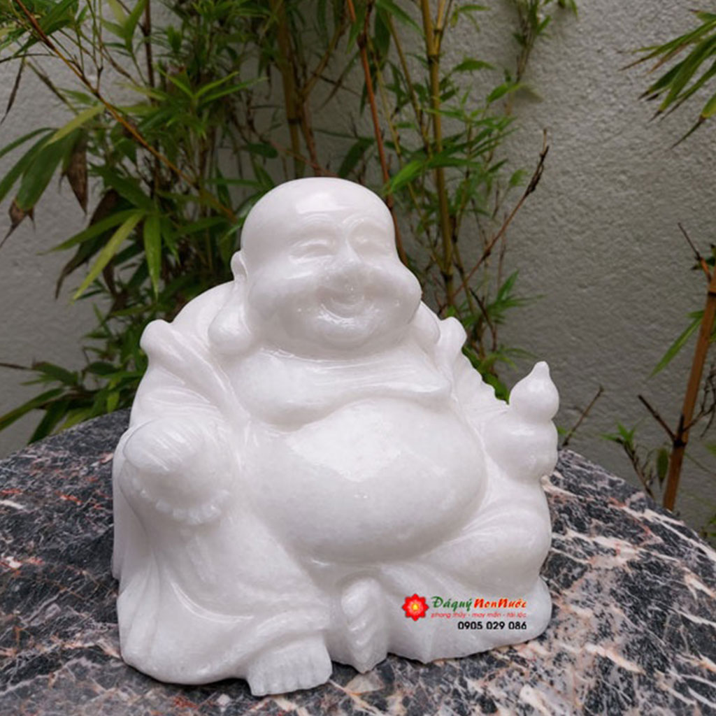 Tượng Phật Di lặc đá trắng cầm hồ lô 15cm - đá Non Nước
