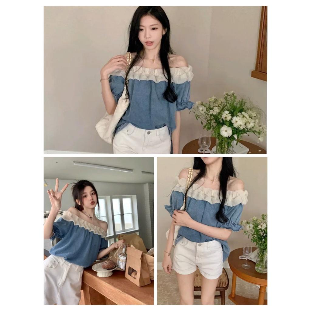 Áo Jeans Nữ Trễ Vai Cộc Tay Phối Bèo