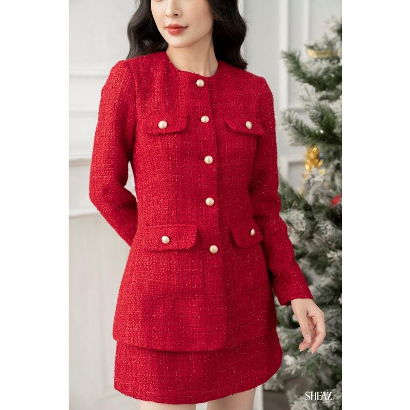 SHEAZ Chân Váy Tweed Đỏ Dáng A Hơi Ôm Phong Cách Hàn Quốc