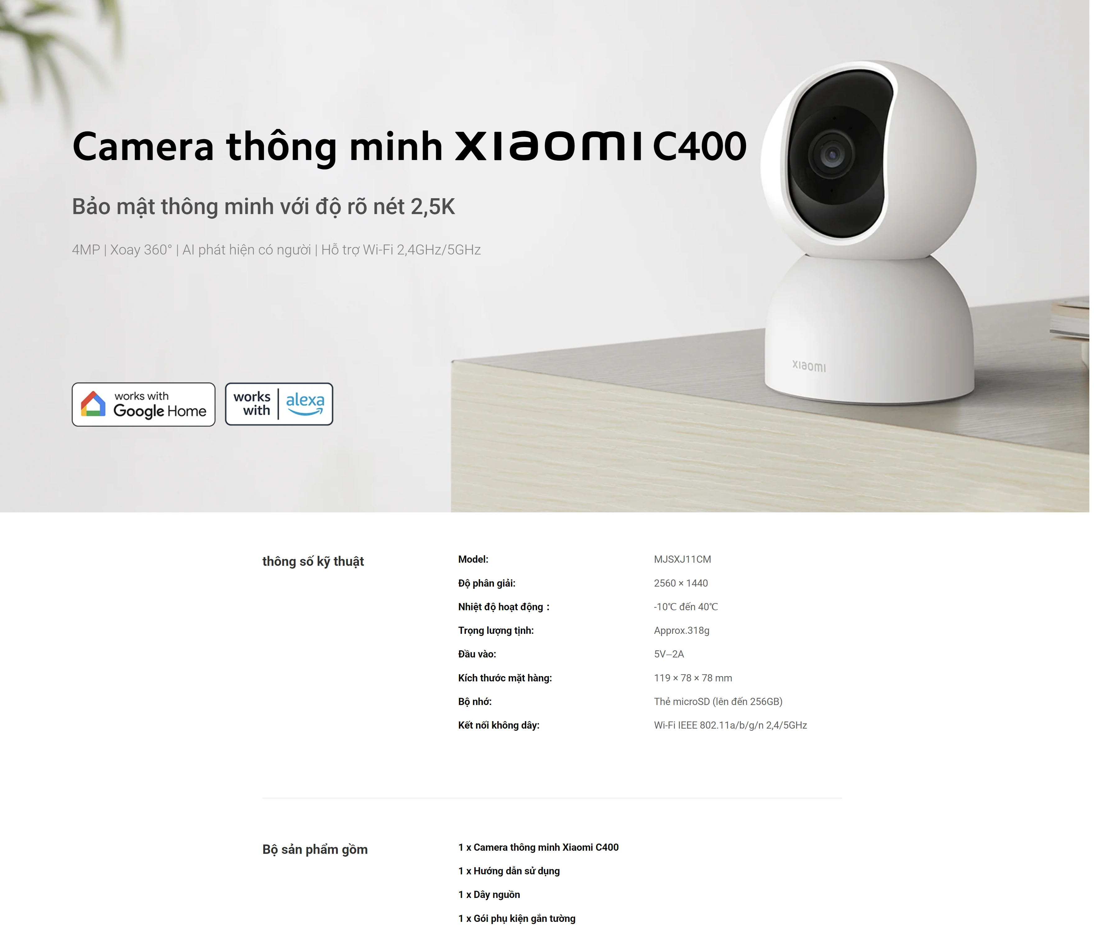 Camera quan sát Xiaomi C400 2,5K 4MP, Xoay 360, AI phát hiện con người, Wi-Fi 2.4GHz/5GHz, Bản quốc tế - Hàng chính hãng