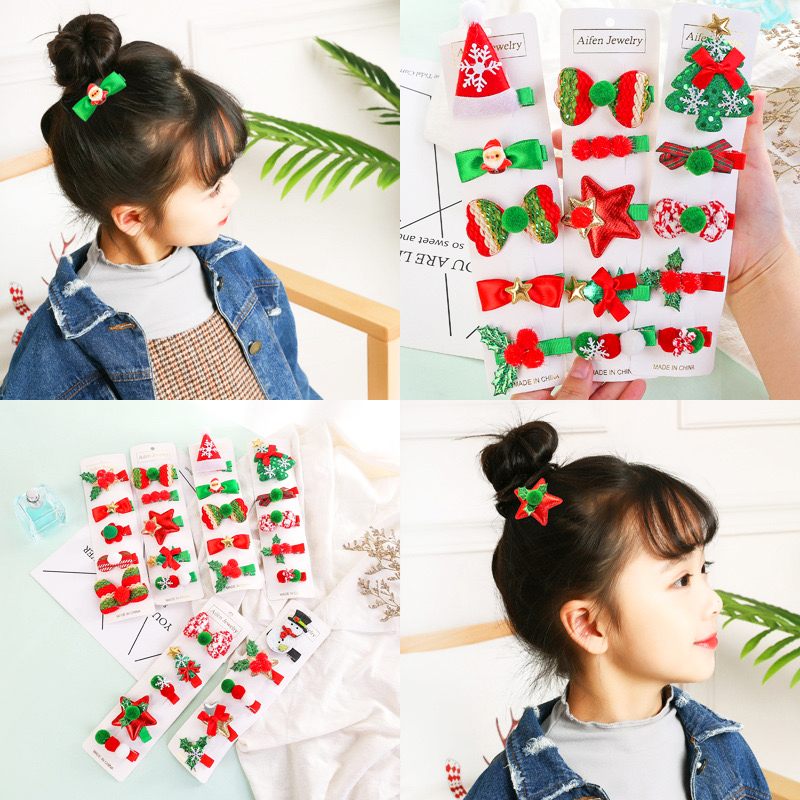 Set 5 kẹp tóc Noel đủ họa tiết đáng yêu màu xanh đỏ chủ đạo thoải mái phối đồ đi chơi Giáng sinh – NOEL004