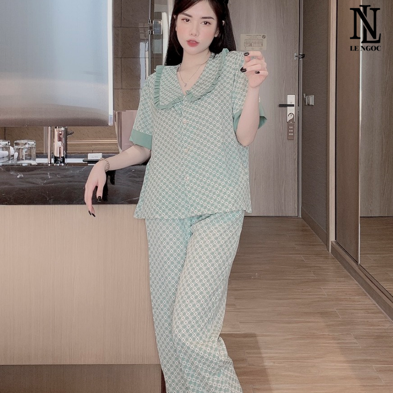 Bộ pijama cộc tay quần dài chất liệu lụa mango, bộ đồ ngủ nữ pyjama cổ bèo dễ thương DC22