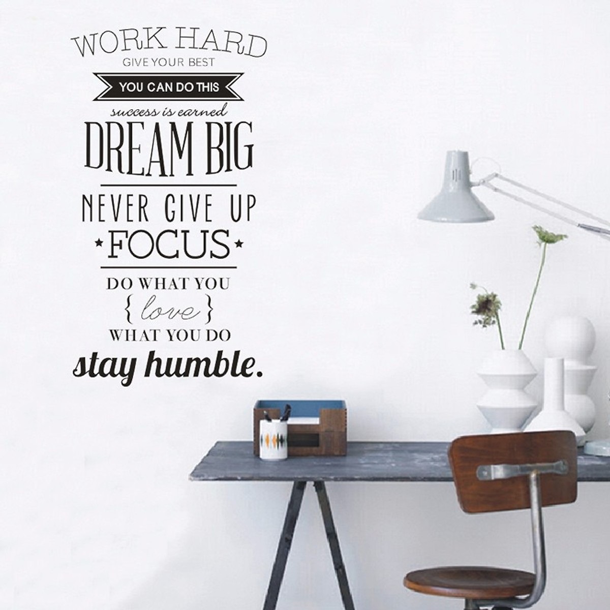 Decal dán tường chữ truyền động lực WORK HARD - DREAMS BIG