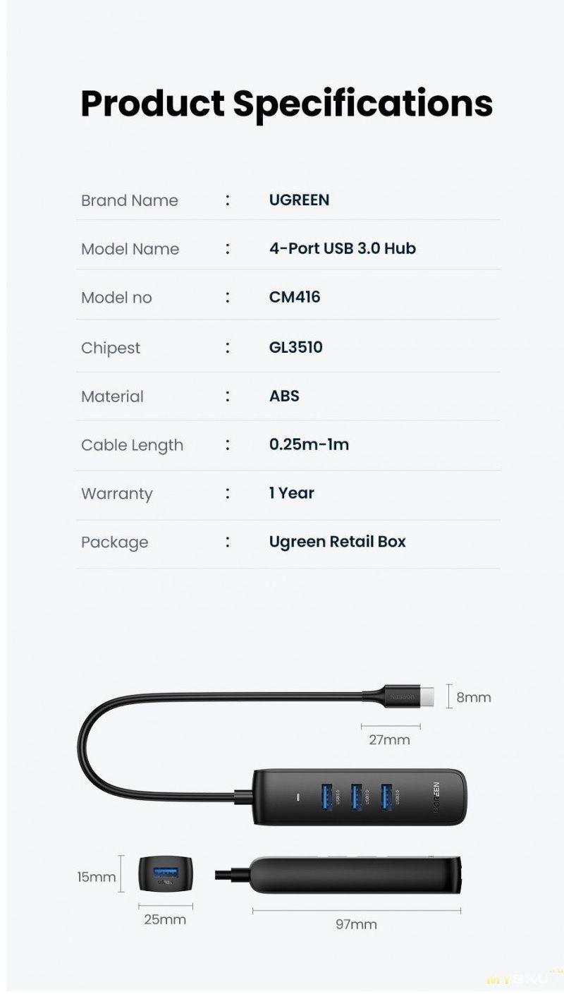 Ugreen UG80658CM416TK 1.5m 4 cồng USB 3.0 Hub Màu đen - HÀNG CHÍNH HÃNG