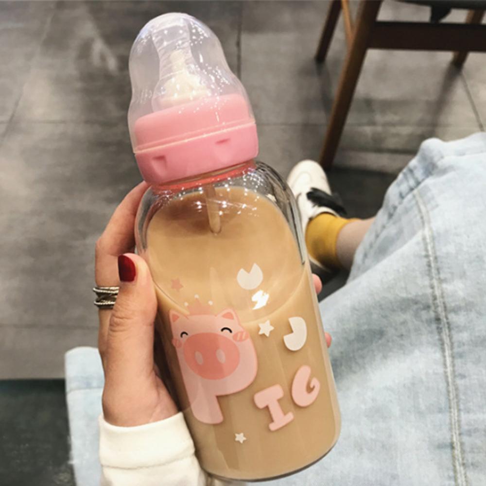 Hoạt Hình Dễ Thương Bình Nước Thủy Tinh Núm Vú Giả Ống Hút Cốc Thích Hợp Cho Người Lớn Trẻ Em Sữa Chai Thủy Tinh Cho Bé Chai