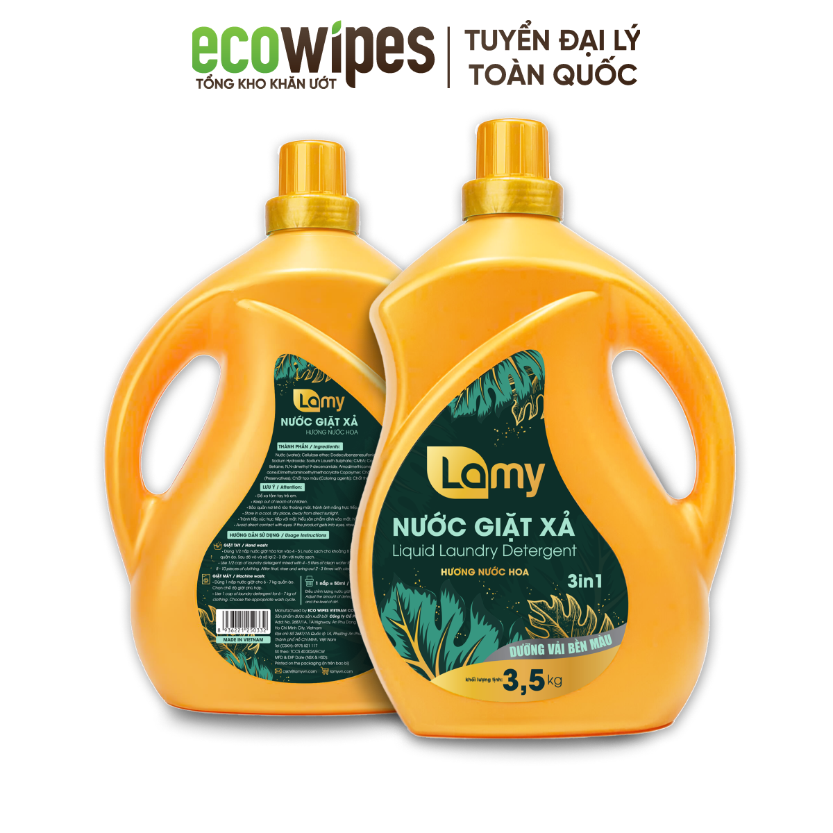Combo 02 can nước giặt xả 3in1 Ecowipes 7kg hương nước hoa thơm lâu giúp làm mềm vải