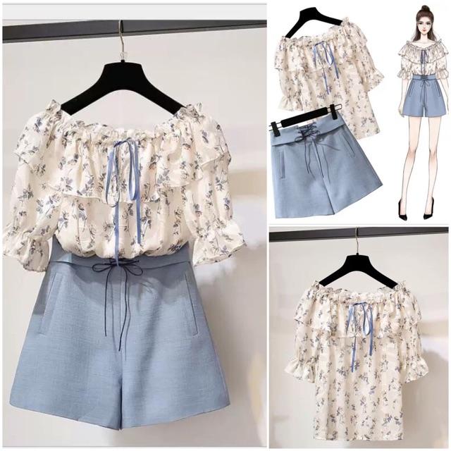 Set áo voan hoa mix quần short nữ tính