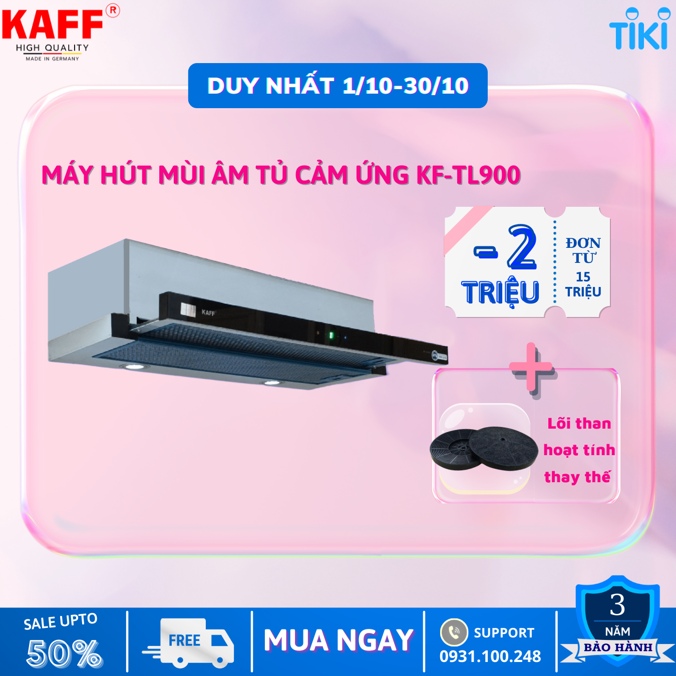 Máy hút mùi âm tủ inox phối kính cảm ứng 600mm KAFF KF-TL600 - Hàng Chính Hãng