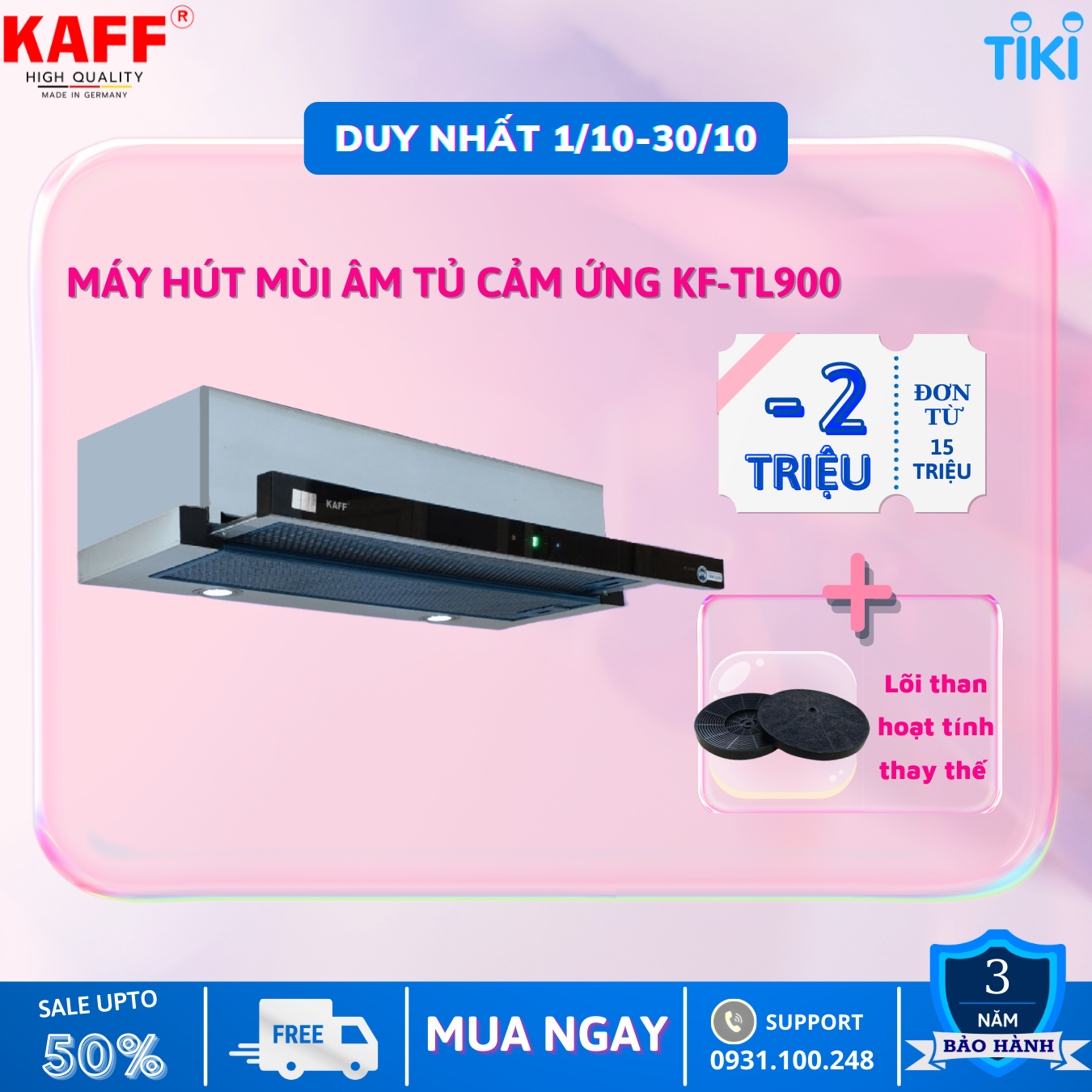 Máy hút mùi âm tủ inox phối kính cảm ứng 600mm KAFF KF_TL600 Tặng bộ lọc than thay thế _ Hàng Chính Hãng