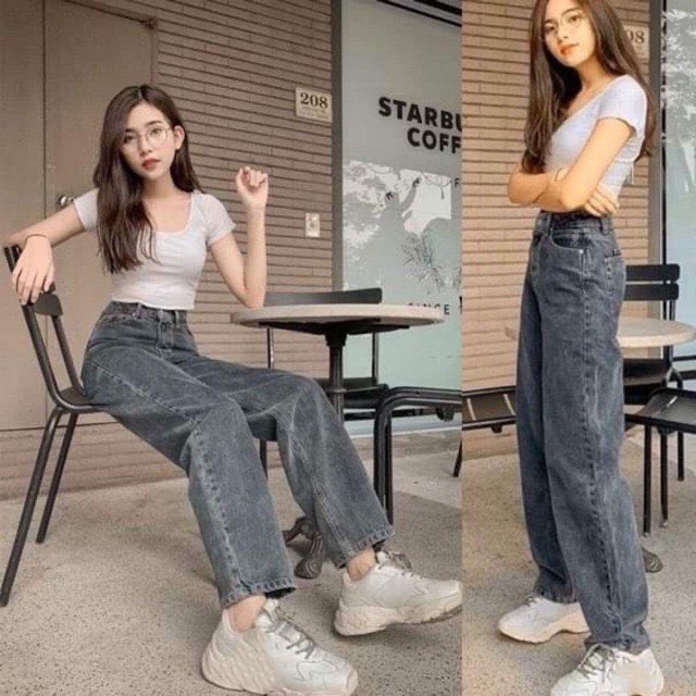 Quần Jeans Ống Rộng Lưng Cao Xám Đen - 3002