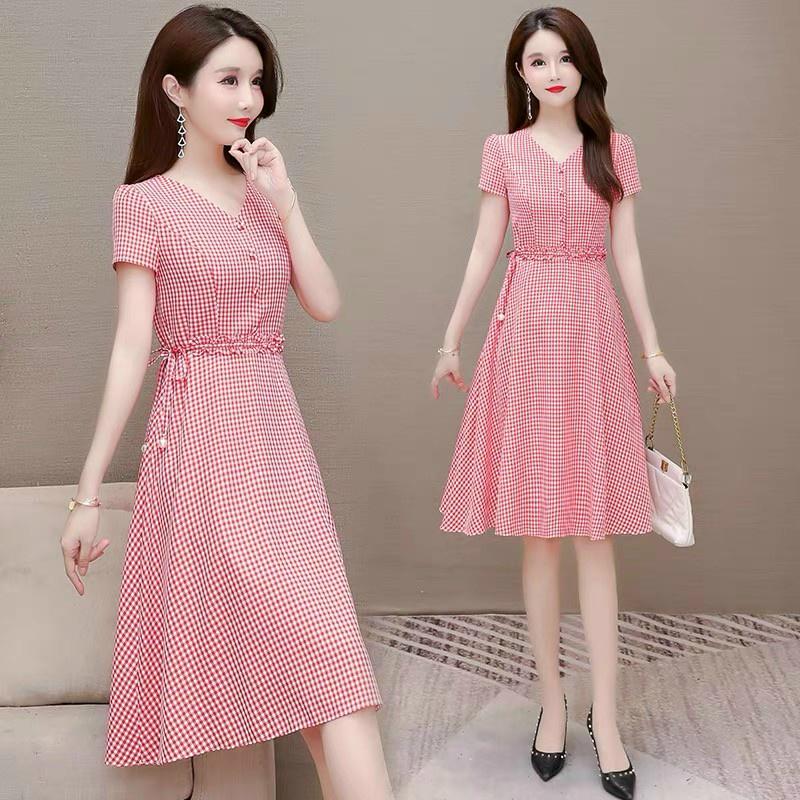 Đầm váy nữ trung niên chữ A tay ngắn văn phòng công sở dạo phố màu xám ghi đỏ nhẹ nhàng