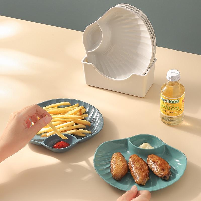 Đĩa đựng đồ ăn có ngăn đựng sốt chấm tiện lợi - Dĩa nhựa vỏ sò trang trí bàn ăn