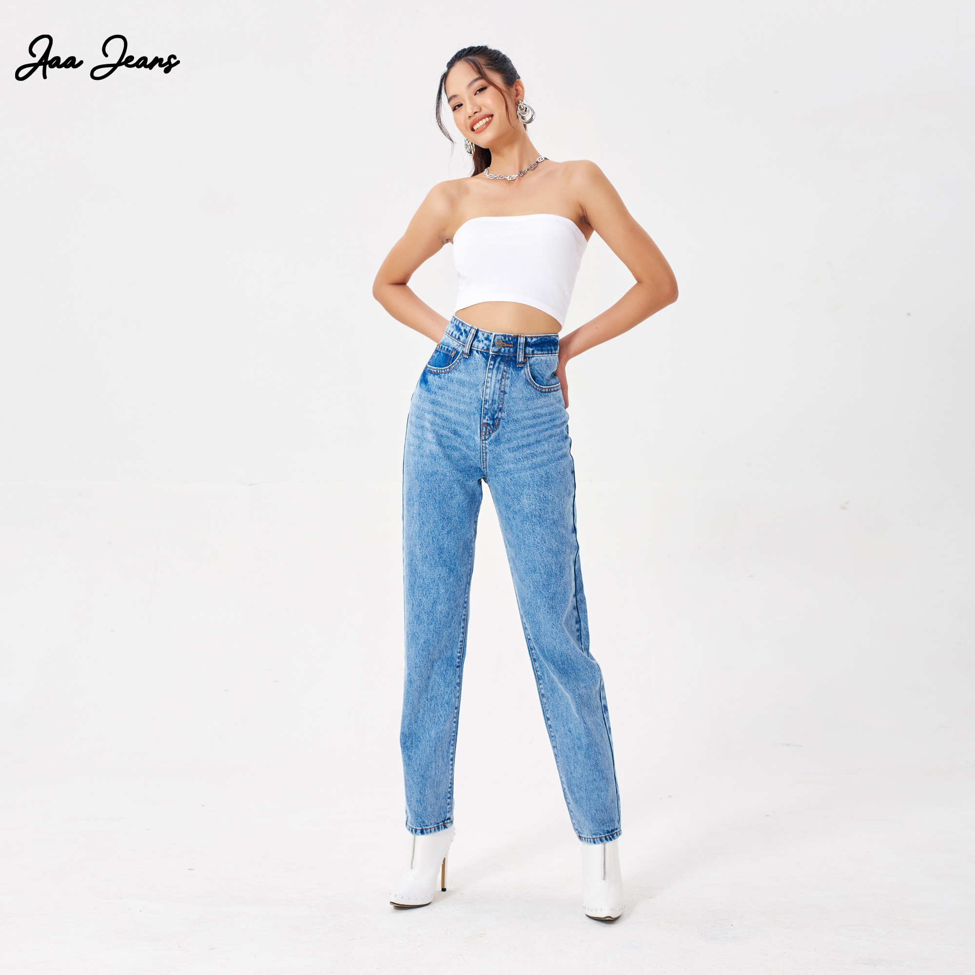 Quần Mom Jeans Lưng Cao Màu Classic Blue Aaa Jeans