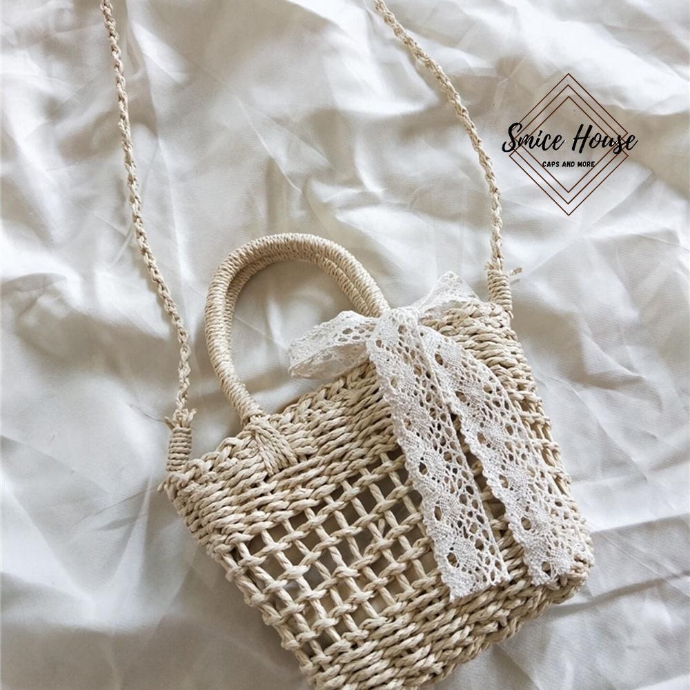 Túi cói đan mini đeo chéo siêu xinh đính nơ ren dùng đi biển chụp hình ngoại cảnh phong cách vintage- Smice House
