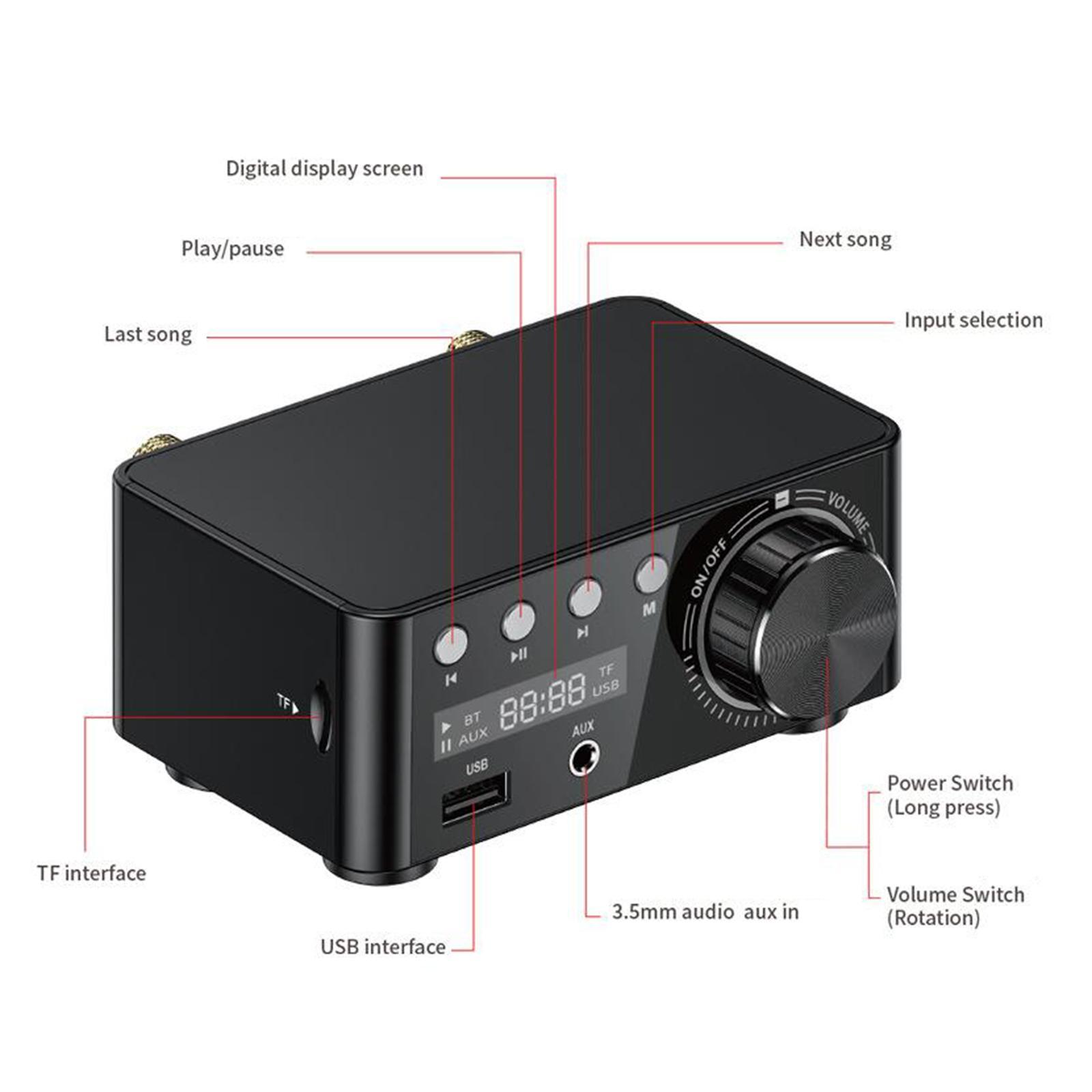 Powerful Mini 100W Bluetooth 5.0 Power Amplifier Hi 2.0 Channel black