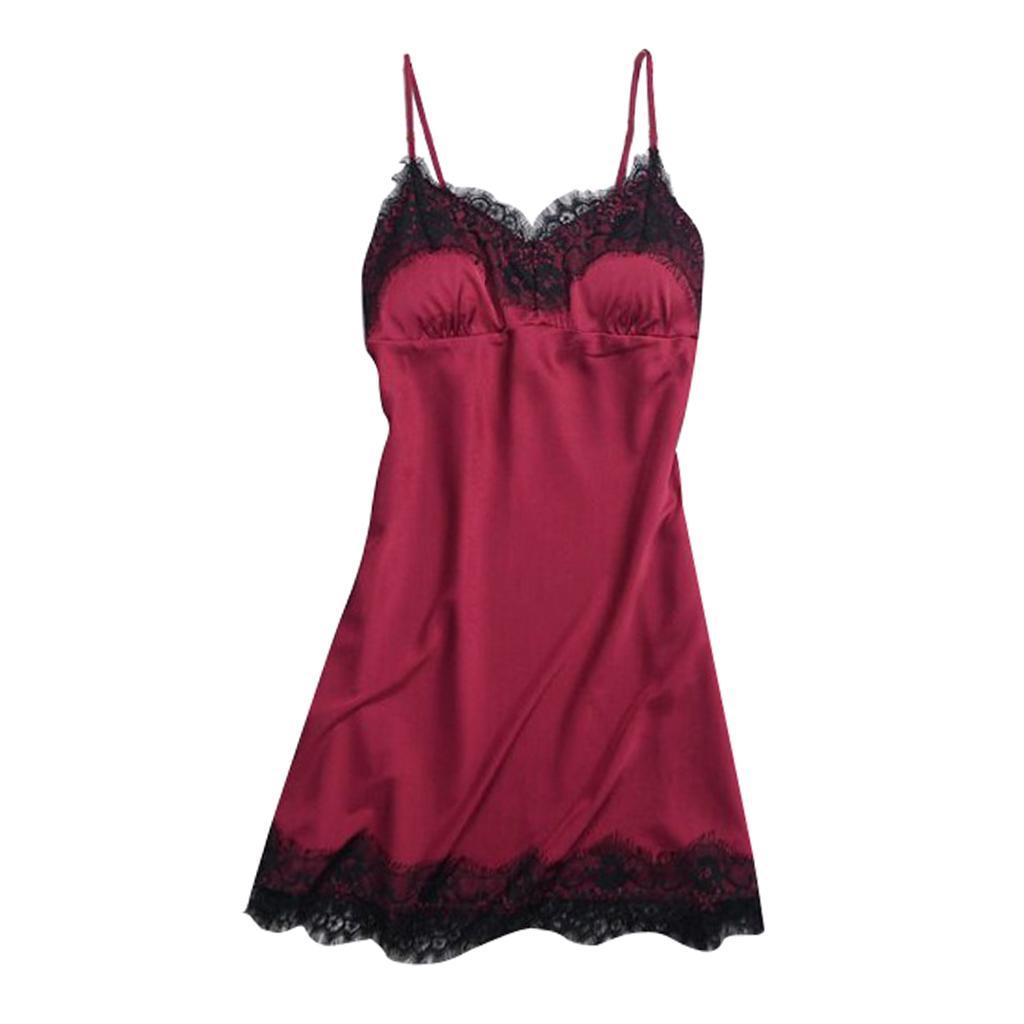 2x Ladies V-Neck Pajama Sleeveless Black Lace Trim Lingerie Sleepwear Dress