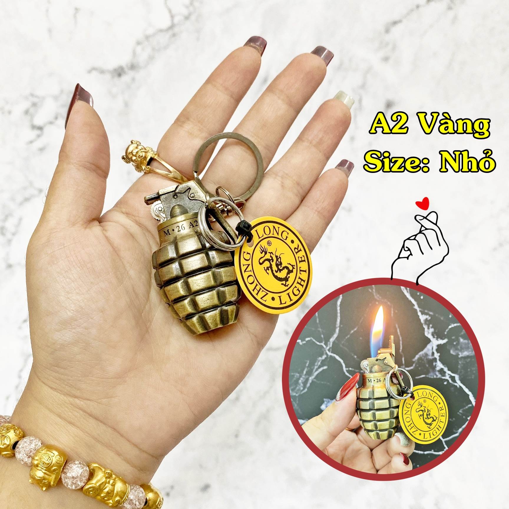 Hột quẹt bật lửa khè móc khóa hình trái lựu A2 Vàng size nhỏ 5cm kim loại - xài gas