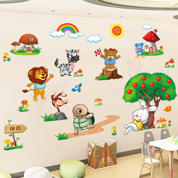 Decal trang trí dán tường hình thú thỏ và rùa cho bé - Giấy dán tường trang trí phòng cho bé - Decal trang trí nhà cửa 
