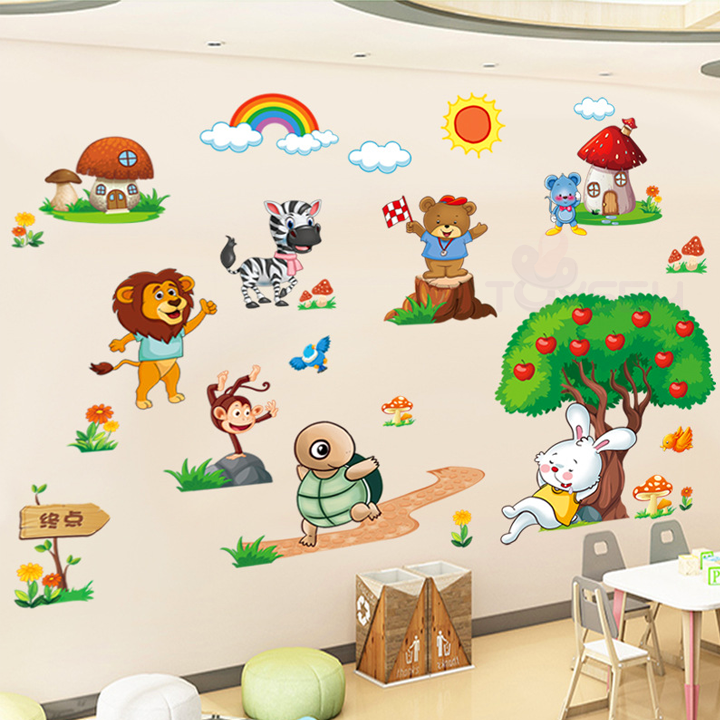 Decal trang trí dán tường hình thú thỏ và rùa cho bé - Giấy dán tường trang trí phòng cho bé - Decal trang trí nhà cửa