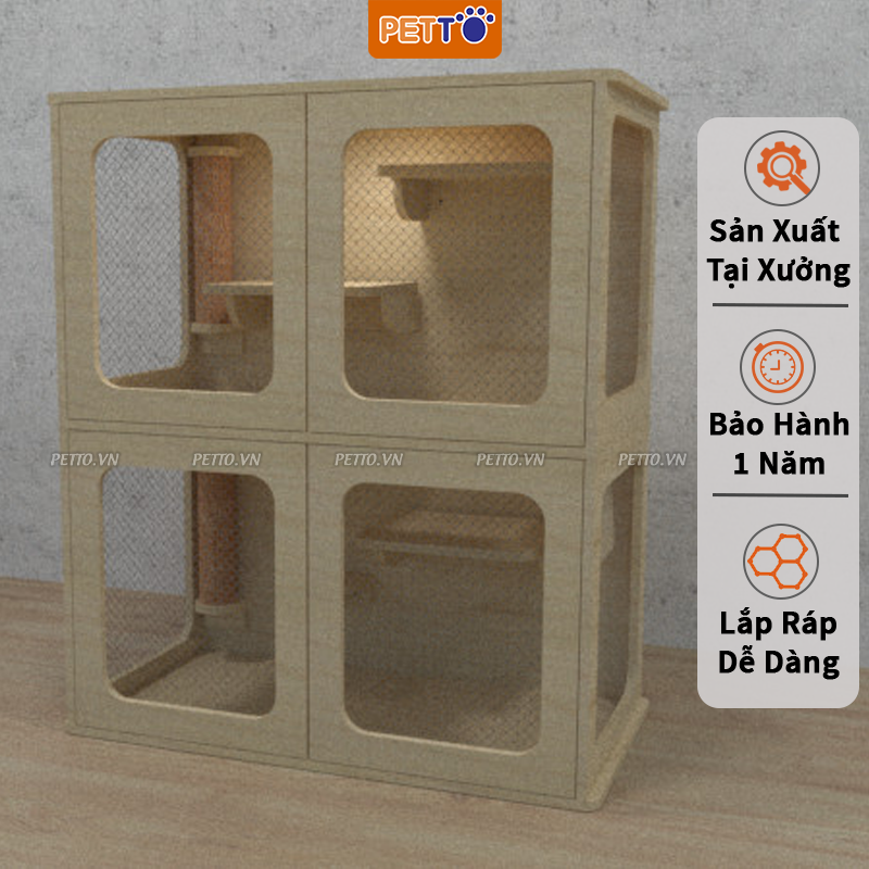 Tủ nuôi mèo bằng GỖ chuồng mèo thiết kế SANG TRỌNG kèm ĐÈN LED 2 tầng ngắn cách thoáng mát sạch sẽ cho mèo CC024