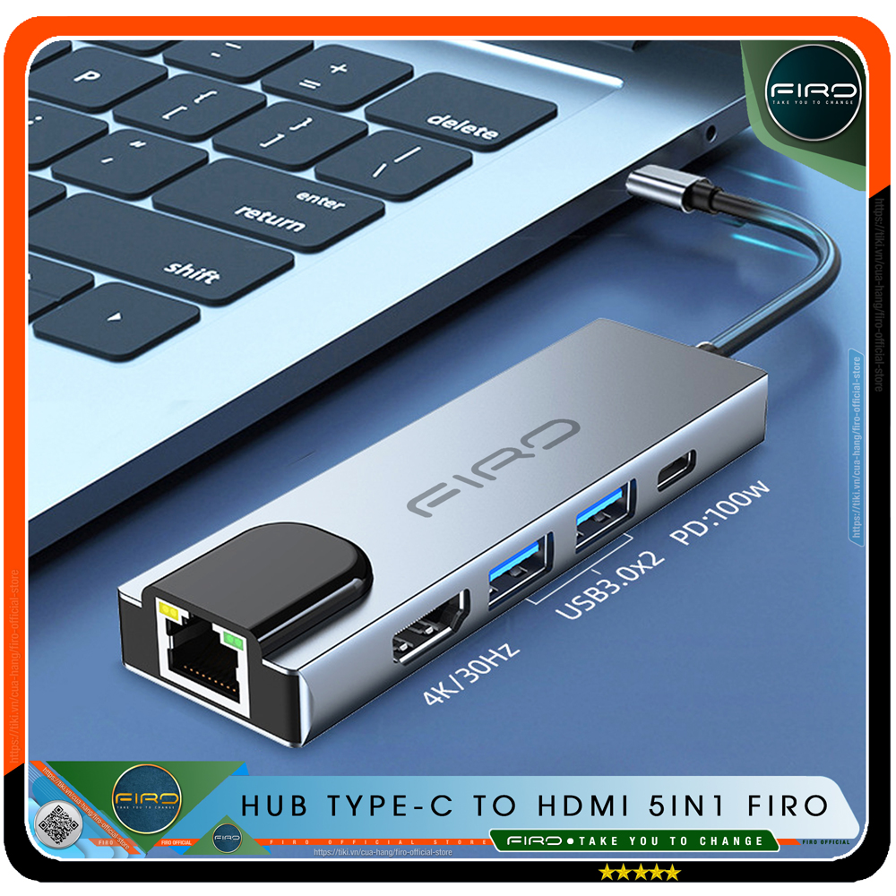 Hub Type C FIRO 5in1 - Hub Chuyển Đổi Type C To HDMI Chuẩn HDTV - 1 Cổng Mạng Lan, 1 Cổng HDMI/HDTV 4K, 2 Cổng USB 3.0, 1 Cổng Sạc Nhanh Type C PD - Kết Nối Nhiều Thiết Bị Với Tốc Độ Cao - Dùng Cho Tivi/Laptop/Playstation/PC/Smartphone – Hàng Chính Hãng