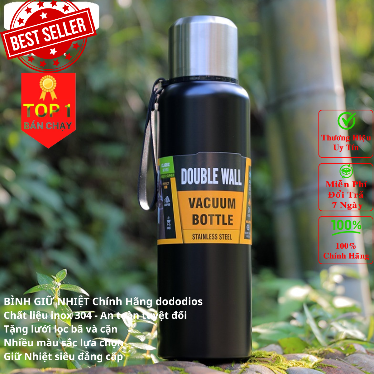 Bình Giữ Nhiệt 1500Ml, Bình Giữ Nhiệt 1000Ml, Bình Giữ Nhiệt Đi Học, Bình Giữ Nhiệt Cute Dododios - Chất Liệu Inox 304 An Toàn Tuyệt Đối - Chính Hãng Dododios - Màu Đen - 1500Ml