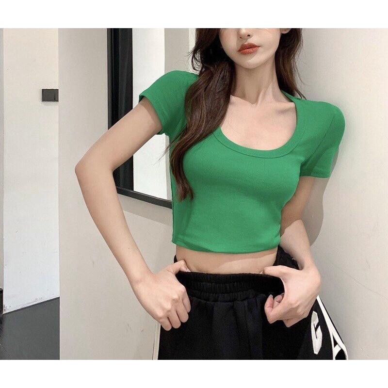 Áo Thun Croptop Ngắn Tay Cổ Chữ U Khoét Ngực Gợi Cảm Cho Nữ hottrend siêu xinh cotton co giãn