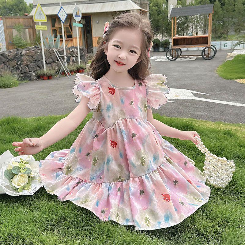 CHENGRUI Cô gái ăn mặc mùa hè 2023 lưới cô gái màu đỏ váy mùa hè thời trang trẻ em mùa hè váy công chúa