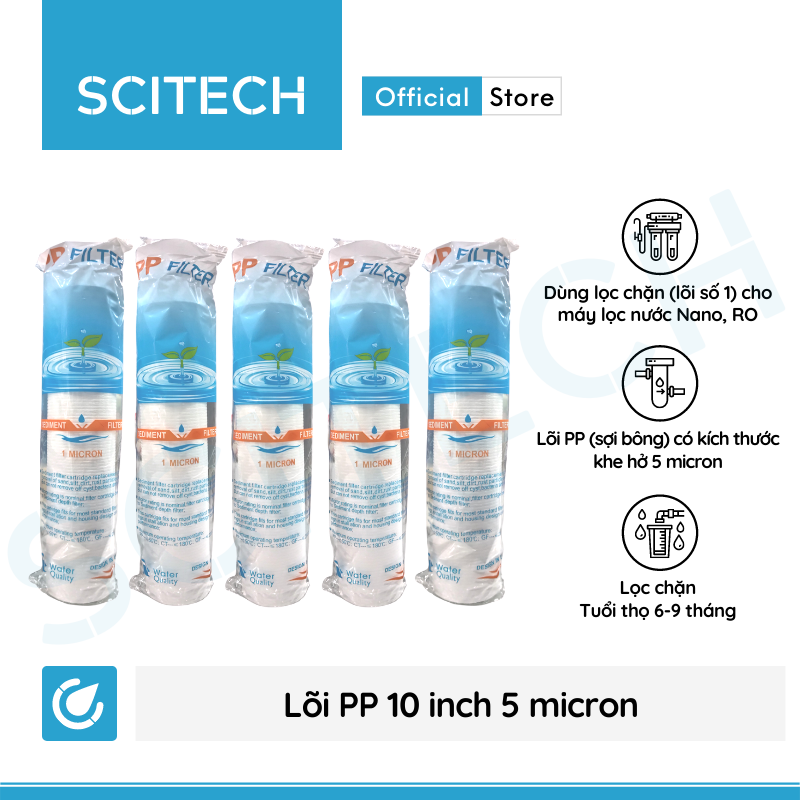 Combo 5 lõi lọc PP 10 inch 5 micron - Lõi số 1 máy lọc nước Nano/UF/RO, bộ lọc thô - Hàng chính hãng