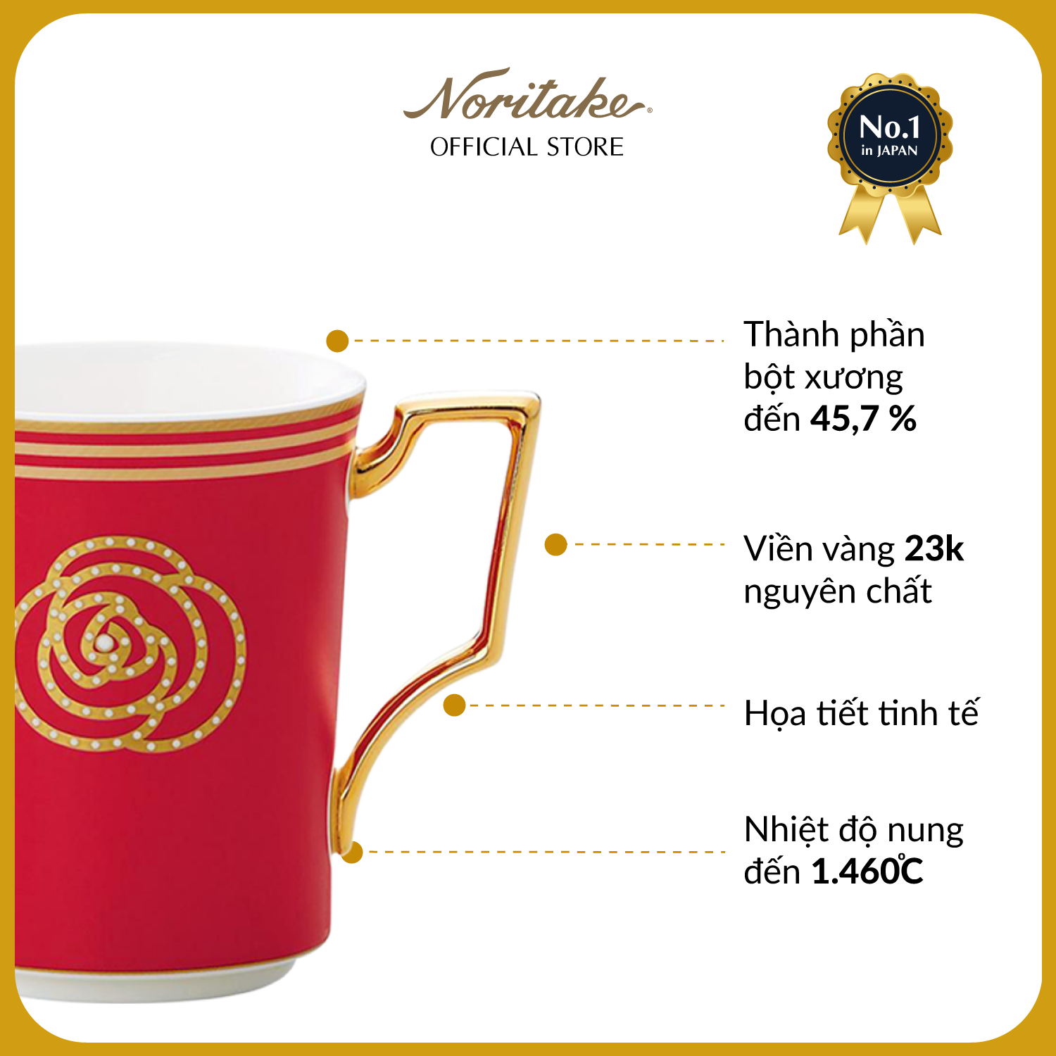 Cốc uống nước/ Cốc uống cà phê Noritake dòng AIDAN GOLD sứ xương cao cấp
