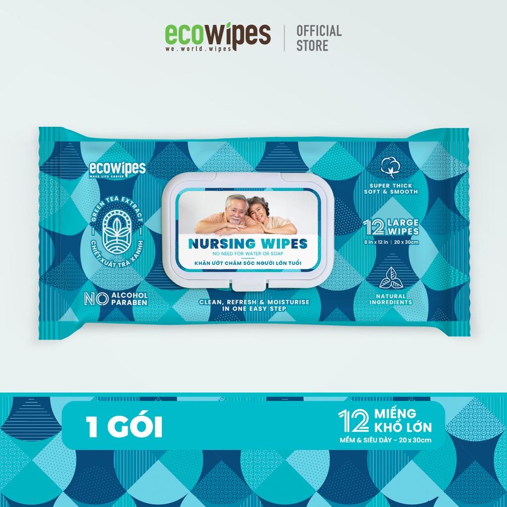 Khăn giấy ướt vệ sinh cơ thể NursingWipes gói 12 khăn size lớn 30x20cm hương trà xanh lau người lớn tuổi, người bệnh, người đi phượt dùng 1 lần