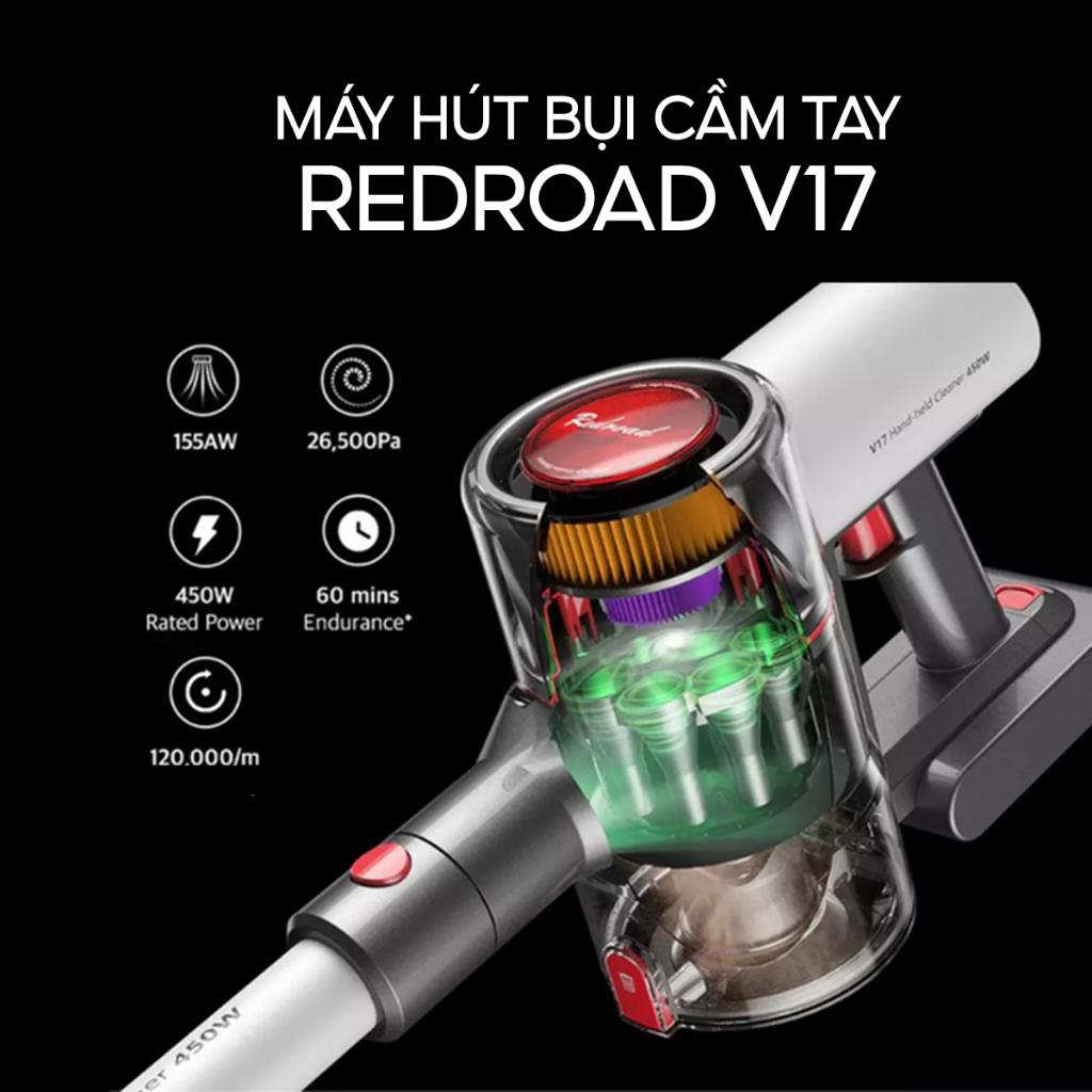 Máy Hút Bụi Không Dây Cầm Tay XIAOMI REDROAD V17 MAX - Đổ Rác Tự Động Với Bộ Lọc Kép Lực Hút Cực Mạnh 26500 Pa Thời Gian Làm Việc 60 Phút, Diện Tích Hoạt Động 200m2 Công Suất 450 W - Hàng Chính Hãng