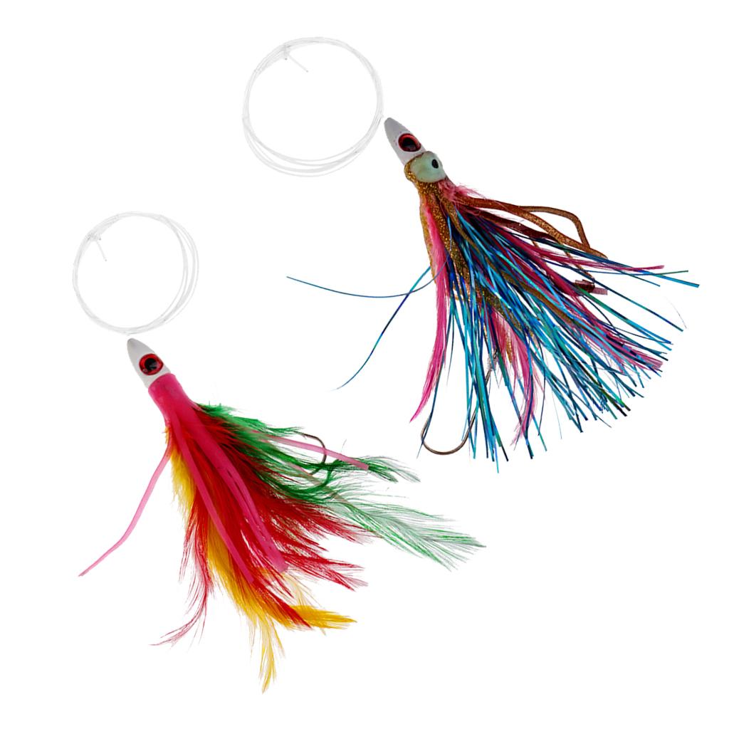 2 Pieces Bionic Jigs Head Lure 14cm Fishing Spoon Squid Skirt Soft Lure Tuna